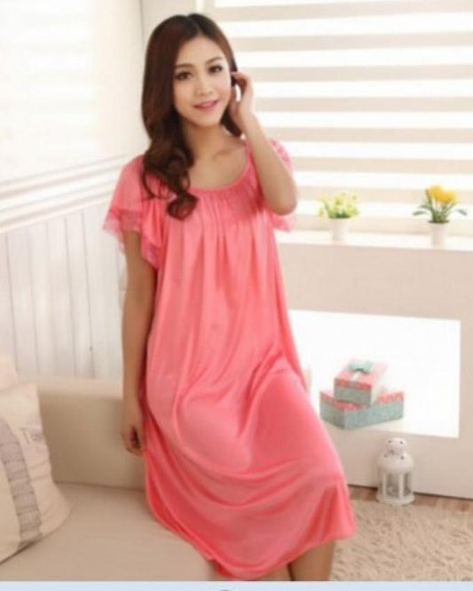 Summer Short Sleeve Sleepwear Viscose Lace Long Nightgown