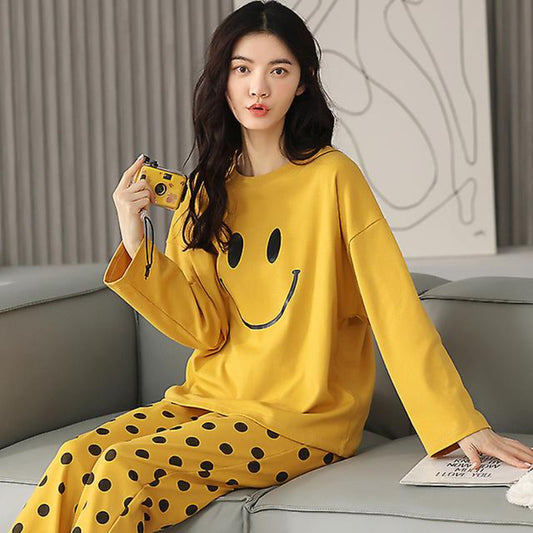 Smiley Face Printed Cotton Night Suit Set Casual Loungewear For Ladies