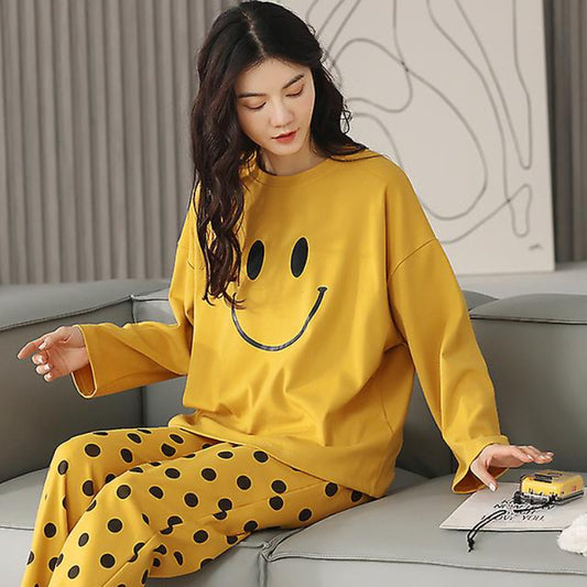 Smiley Face Printed Cotton Night Suit Set Casual Loungewear For Ladies