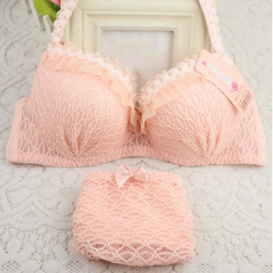 Lace Bras Set Adjustable Strap Ruffle Push-Up 3/4 Cup Lace Underwear Bra Set