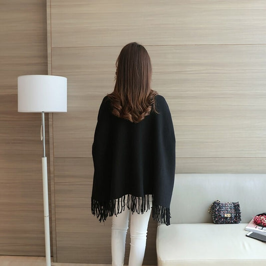 Women Poncho Coat Female Jumper Irregular Tassel