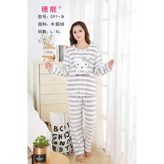 2 Pcs/Set Tops + Warm Pant Extra Soft Fleece Polyester Women Pajama Sets Cartoon Flannel Sleepwear