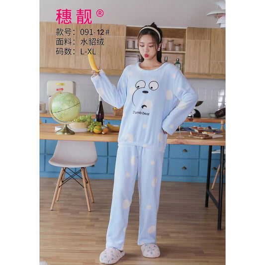 2 Pcs/Set Tops + Warm Pant Extra Soft Fleece Polyester Women Pajama Sets Cartoon Flannel Sleepwear